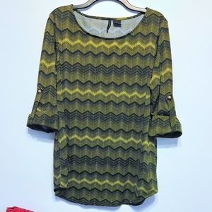 New Directions Green & Black Chevron Polka Dot Stretchy Blouse w/ 3/4 Sleeves